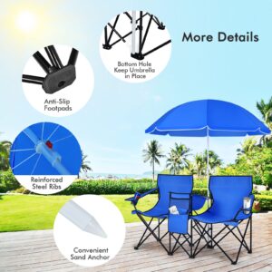 COSTWAY Double Portable Picnic Chairs, Folding Camping Chairs w/Detachable Umbrella, Cooler Bag, Cup Holders, Patio Beach Camping Chairs for Outdoors, Blue