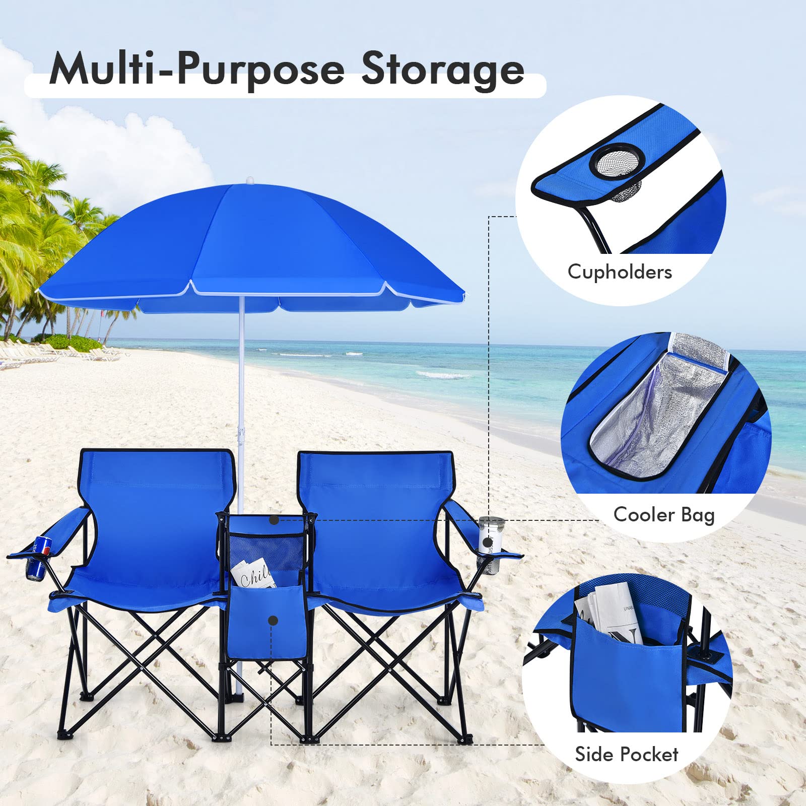 COSTWAY Double Portable Picnic Chairs, Folding Camping Chairs w/Detachable Umbrella, Cooler Bag, Cup Holders, Patio Beach Camping Chairs for Outdoors, Blue