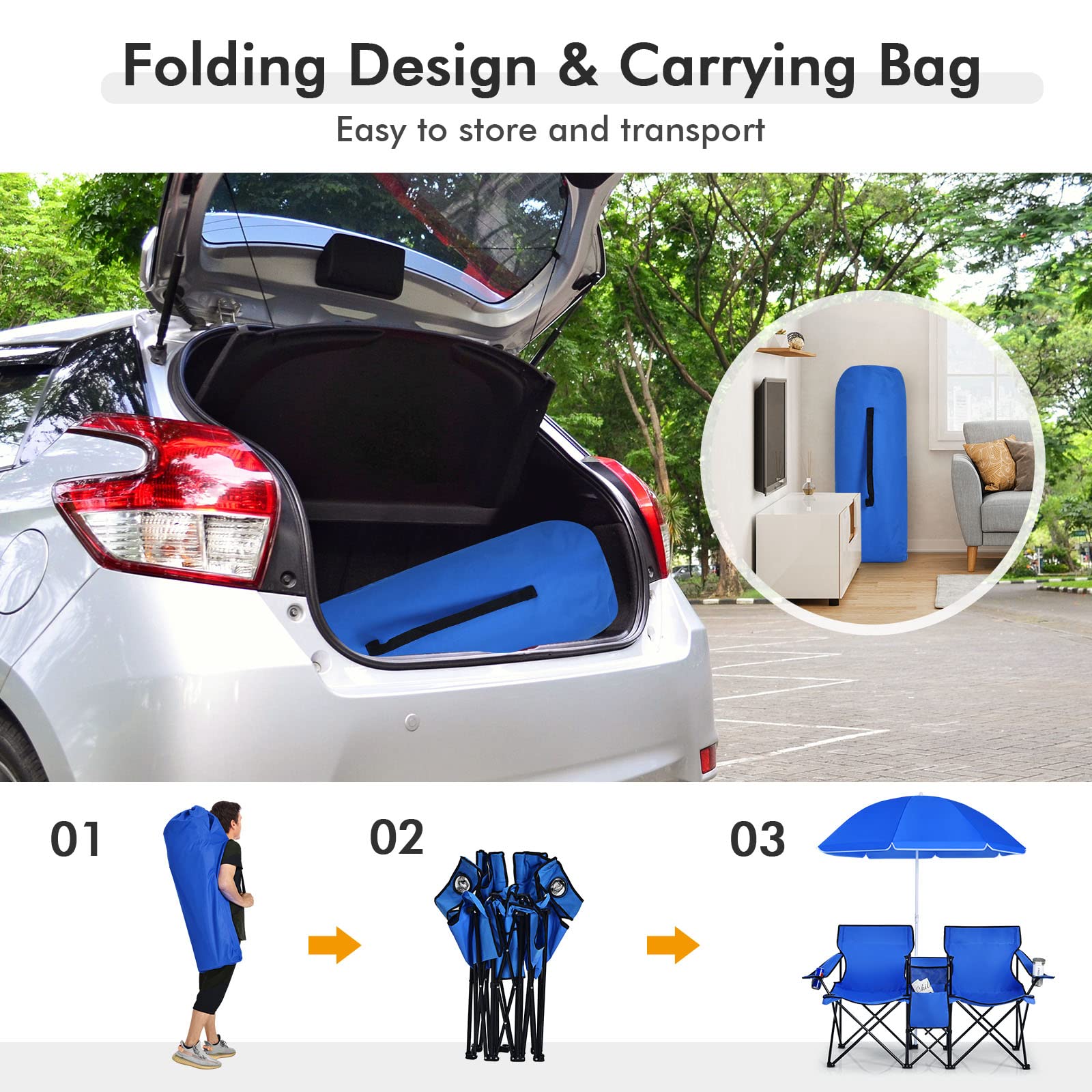 COSTWAY Double Portable Picnic Chairs, Folding Camping Chairs w/Detachable Umbrella, Cooler Bag, Cup Holders, Patio Beach Camping Chairs for Outdoors, Blue