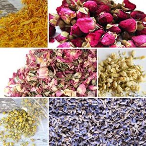 edible flowers for drinks and food, bulk edible dried flowers for soap making and more! 1.5 cups each- jasmine, rosebuds, rose petals, lavender, marigold, chamomile, bonus rose essential oil, kosher