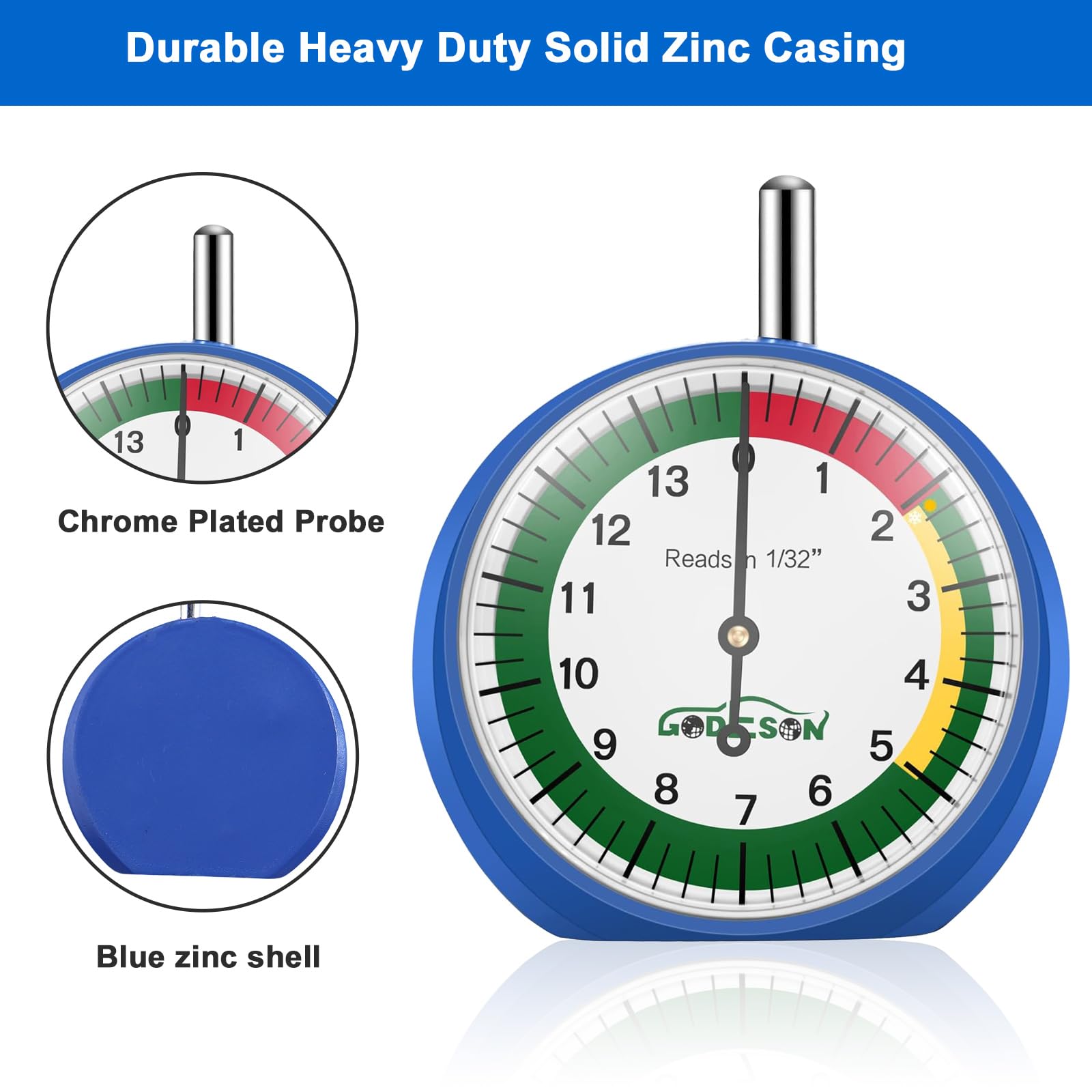 GODESON Dial Type Tire Tread Depth Gauge 88703 Professional for Motorcycle, car,Truck and Bus