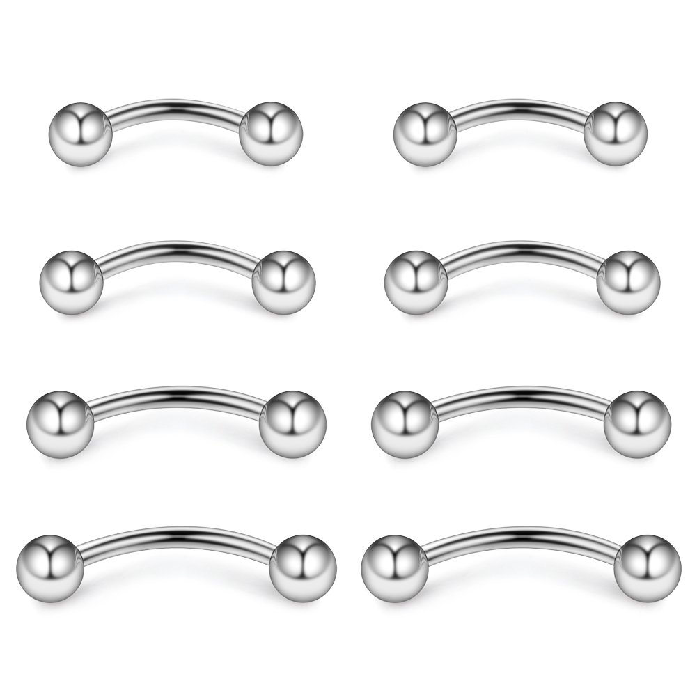 Ruifan 4prs(8pcs) Eyebrow Piercing Jewelry Curved Barbell with Ball Kit Eyebrow Tragus Lip Ring 16g 16 gauge 6mm/8mm/10mm/12mm(Steel)