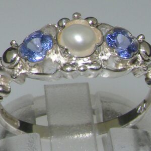 925 Sterling Silver Cultured Pearl and Tanzanite Womens Promise Ring - Size 6.5