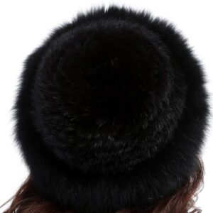 Valpeak Womens Winter Hat Knitted Mink Real Fur Hats with Fox Brim (Black)