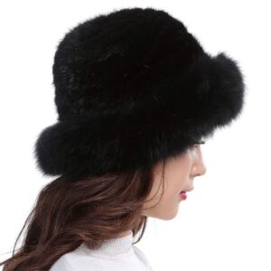 Valpeak Womens Winter Hat Knitted Mink Real Fur Hats with Fox Brim (Black)