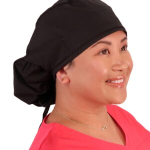 Sparkling EARTH Solid Black Big Hair Ponytail Classic Surgical Style Scrub Working Cap - Made in The USA!!!