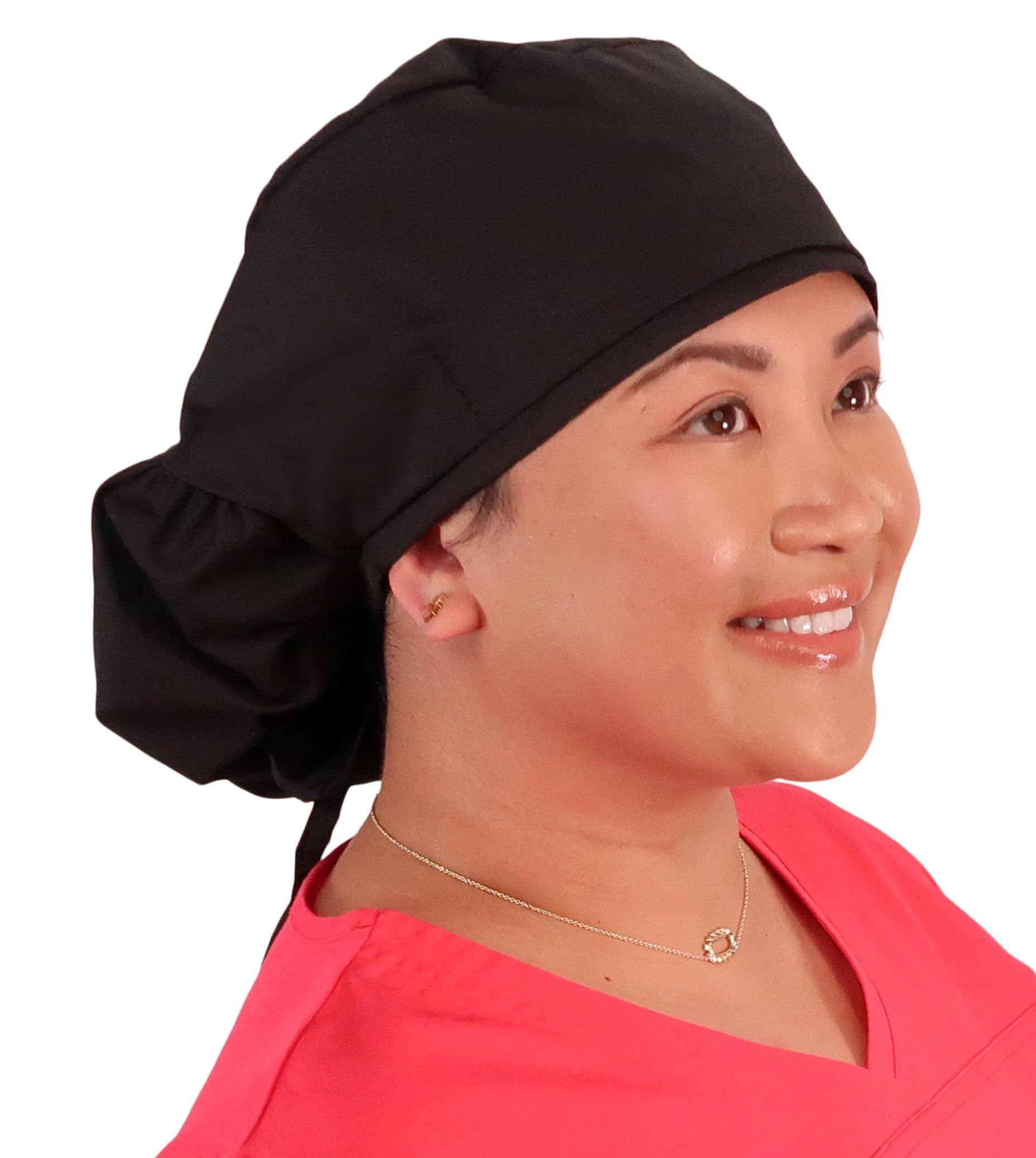 Sparkling EARTH Solid Black Big Hair Ponytail Classic Surgical Style Scrub Working Cap - Made in The USA!!!