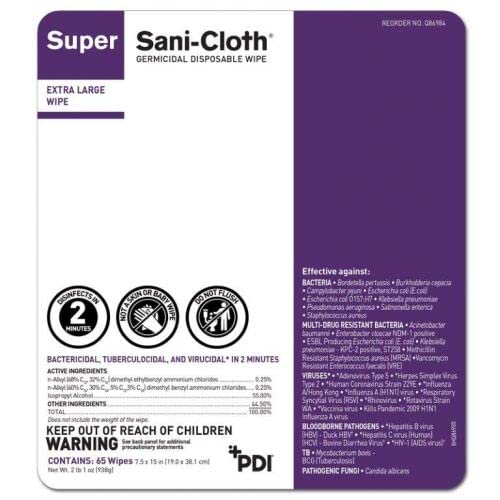 Super Sani-Cloth Germicidal Disposable Wipe - Fast 2-Minute Contact Time, Great for High-Touch Surfaces and Devices - Large Canister, 6 in. x 6.75 in.