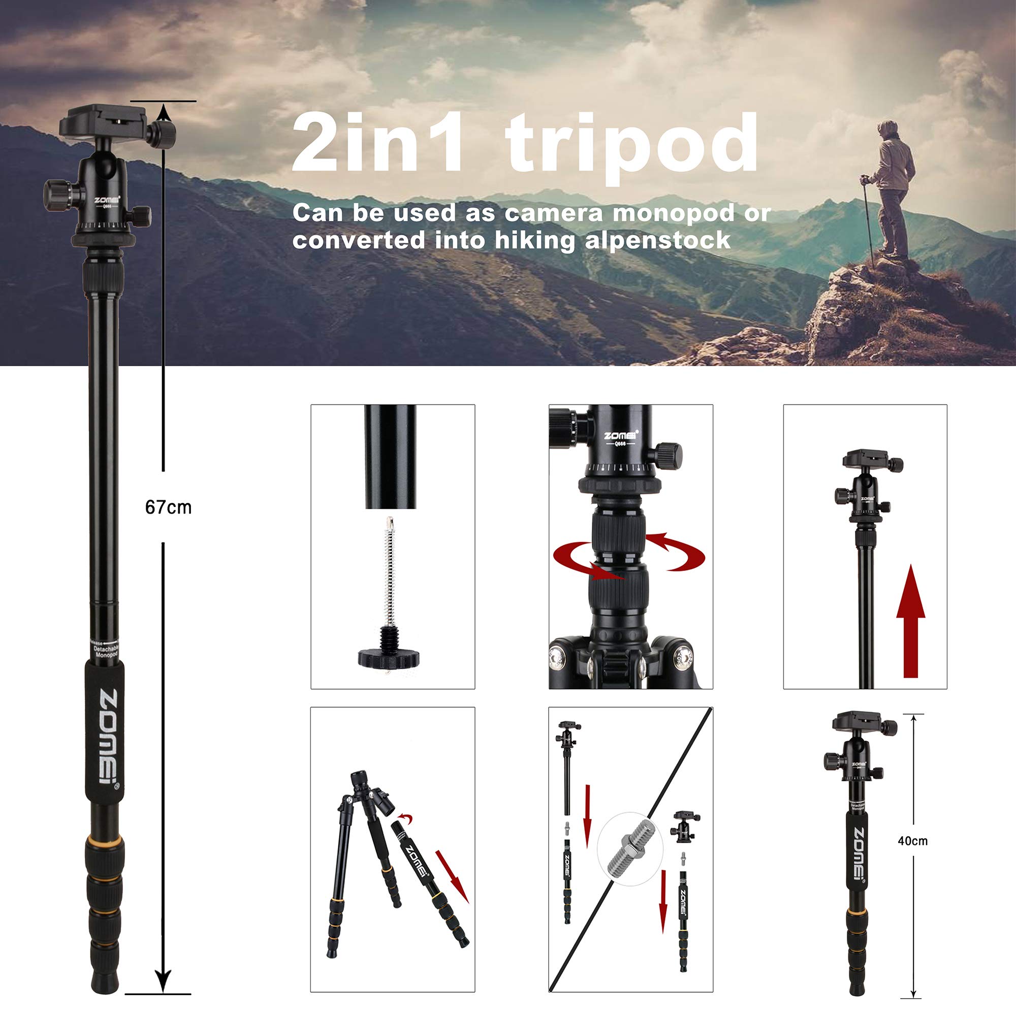 ZOMEI Aluminum Portable Tripod with Ball Head Heavy Duty Lightweight Professional Compact Travel for Nikon Canon Sony All DSLR and Digital Camera