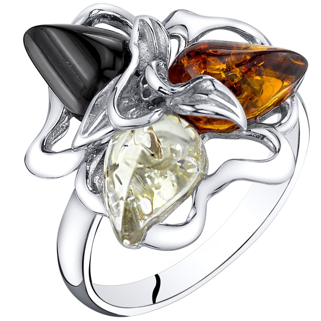 PEORA Genuine Baltic Amber Star Leaf Ring for Women 925 Sterling Silver, Multiple Colors, Size 9