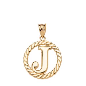 high polish 14k yellow gold roped circle "j" initial charm pendant