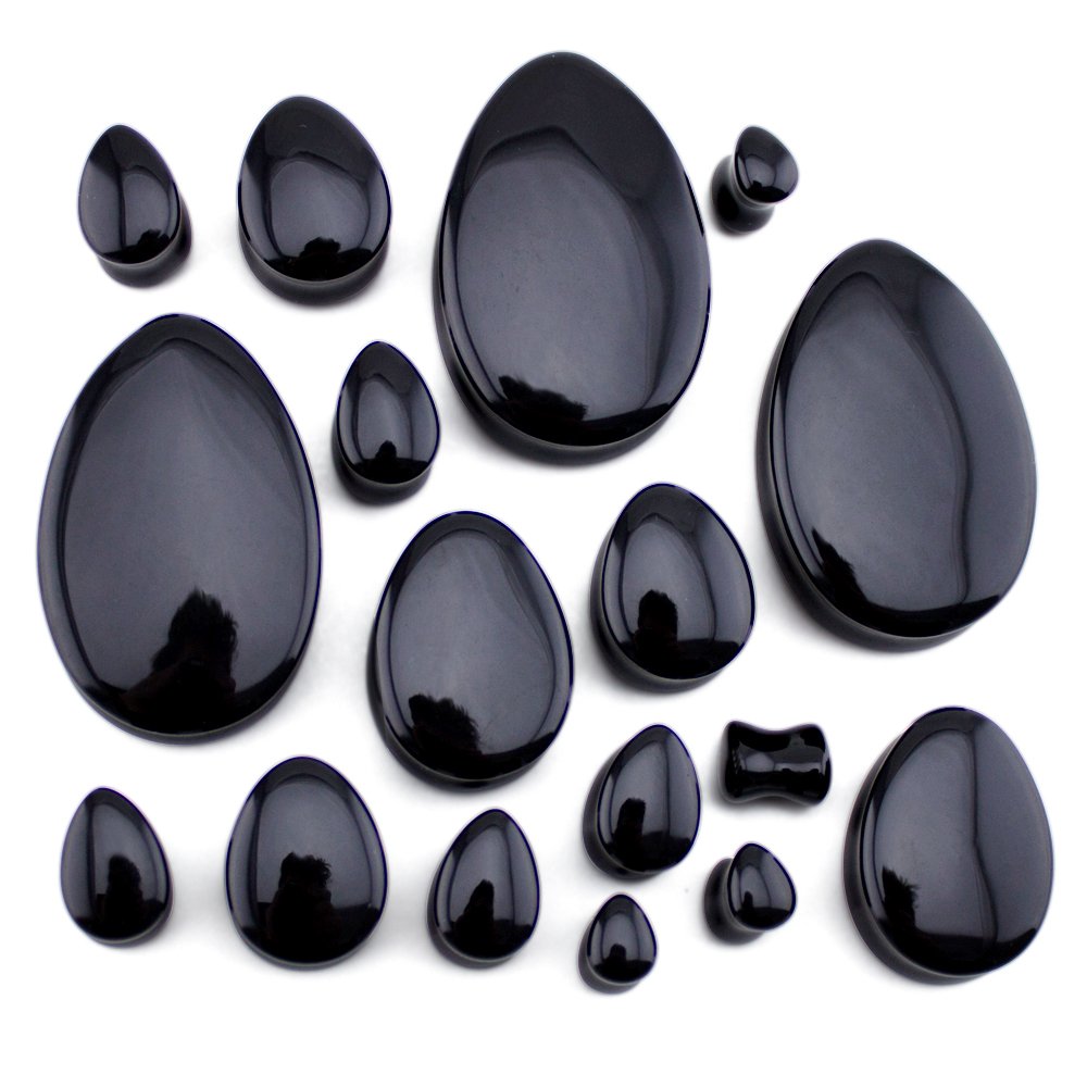 Urban Body Jewelry 1 Pair of 1 & 1/8" Inch (28mm) Black Obsidian Stone Teardrop Plugs/Gauges