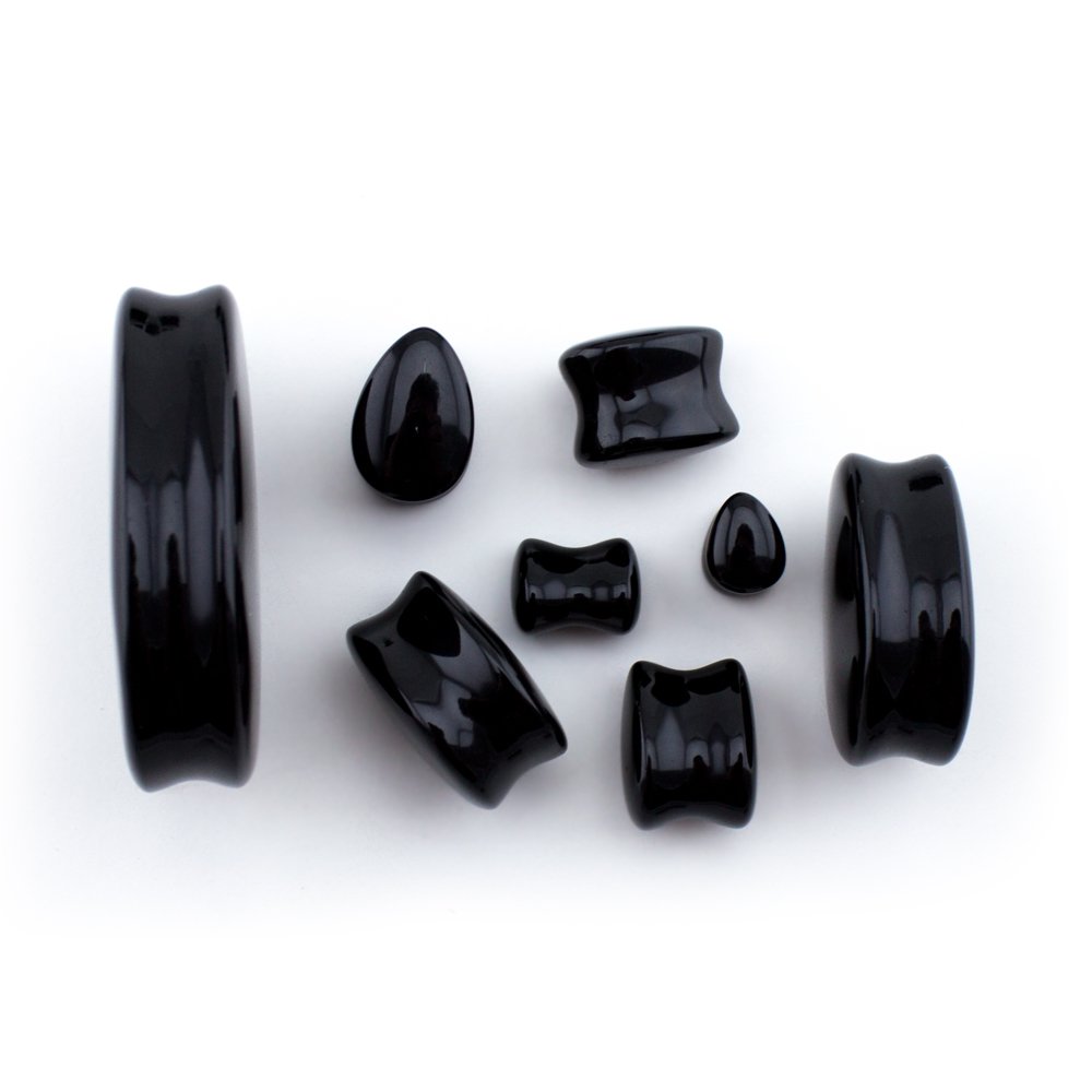 Urban Body Jewelry 1 Pair of 1 & 1/8" Inch (28mm) Black Obsidian Stone Teardrop Plugs/Gauges