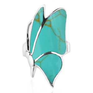 aeravida soaring monarch butterfly green turquoise inlay stone sterling silver ring | statement fashion, promise ring, couple unisex ring | size 8