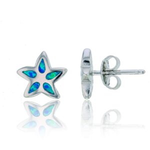 DECADENCE Rhodium Polished Created Opal Stud Earrings for Women | Star Fish 9.8x9.8mm Studs | Blue Green Turquoise | 925 Sterling Silver Pushbacks