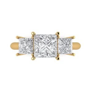 2.62 Ct Princess Cut Clear Simulated Diamond 14K Yellow Gold Solitaire with Accents Three Stone Statement Ring Size 11