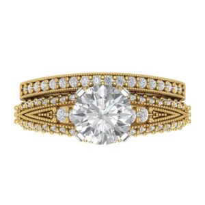 1.99 ct Round Cut Clear Simulated Diamond 14k Yellow White Gold Solitaire W/Accents Wedding Bridal Ring Band Set Sz 9