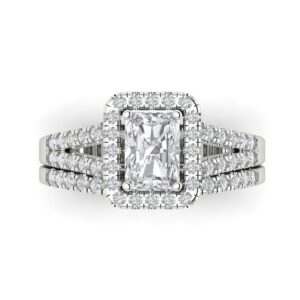 1.57ct Emerald Cut Clear Simulated Diamond 14k White Gold Halo Solitaire W/Accents Wedding Bridal Ring Band Set Sz 11