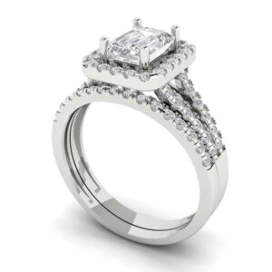 1.57ct Emerald Cut Clear Simulated Diamond 14k White Gold Halo Solitaire W/Accents Wedding Bridal Ring Band Set Sz 11