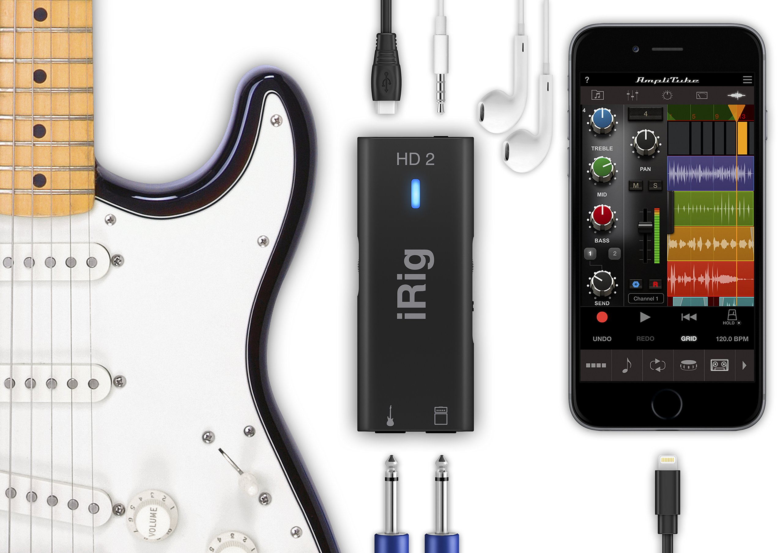 IK Multimedia iRig HD 2 guitar audio interface for iPhone, iPad, Mac, iOS and PC with USB-C, Lightning and USB cables and 24-bit, 96 kHz music recording