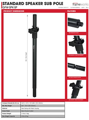 Gator Frameworks Standard Subwoofer/Speaker Extender Pole and 20mm Adapter; Fits M6 Threading (GFW-SPK-SP),Black