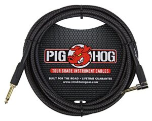 pig hog pc-h10bkr 1/4" right-angle to 1/4" black woven guitar instrument cable, 10 feet