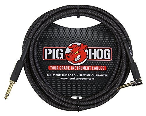 Pig Hog PC-H10BKR 1/4" Right-Angle to 1/4" Black Woven Guitar Instrument Cable, 10 Feet