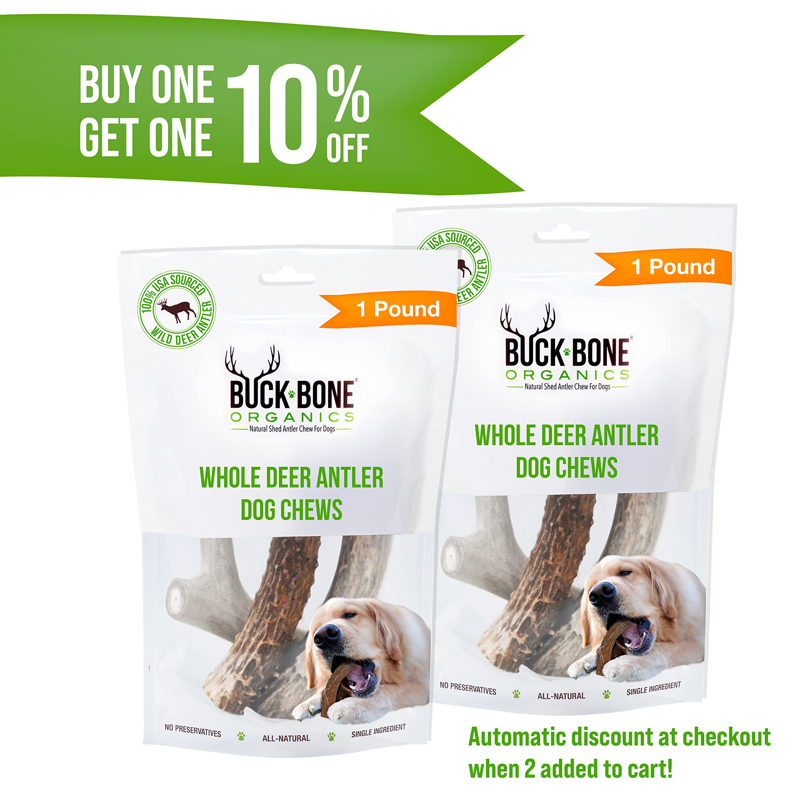 Buck Bone Organics Dog Chews, Deer Antlers for Dogs, Long Lasting Dog Bones for Aggressive Chewers, All Natural, No Preservatives, Wild Shed in The USA, Med/Large