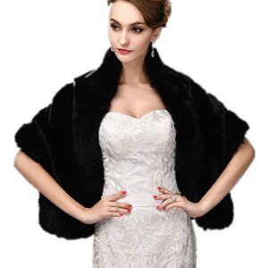 CHITONE Women's Black Faux Fur Wrap Cape Stole Shawl Shrug for Wedding/Party/Show