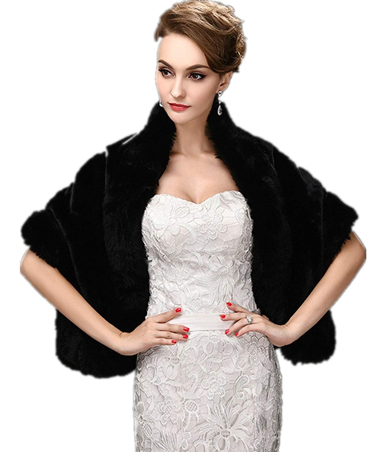 CHITONE Women's Black Faux Fur Wrap Cape Stole Shawl Shrug for Wedding/Party/Show