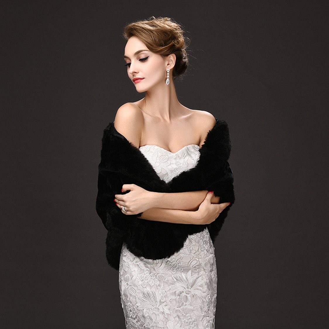 CHITONE Women's Black Faux Fur Wrap Cape Stole Shawl Shrug for Wedding/Party/Show