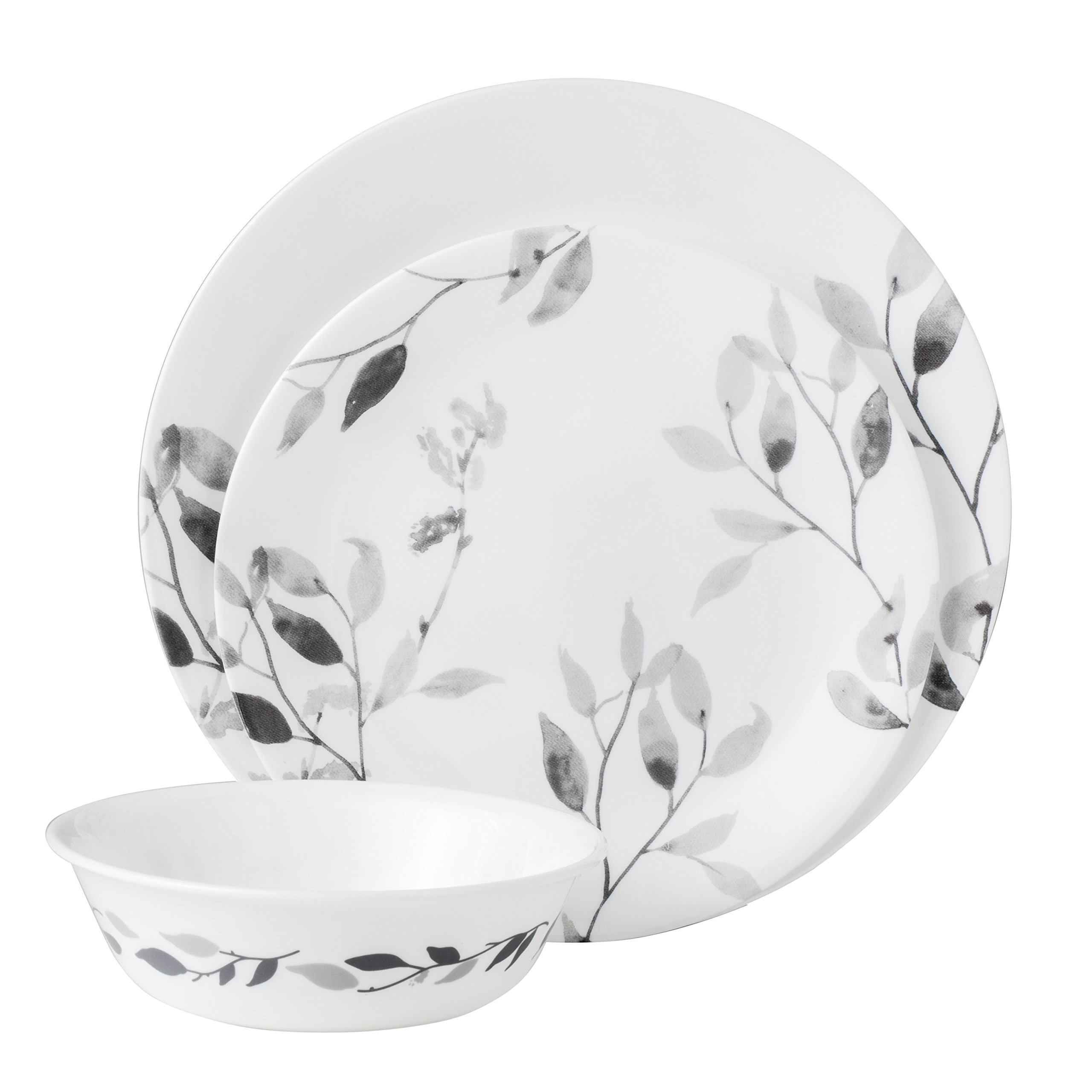 Corelle 12-Piece Vitrelle Misty Leaves Chip and Break Resistant Dinner Set, Grey