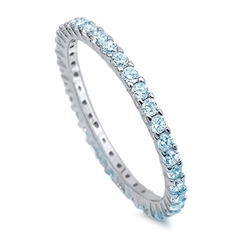 2mm Full Eternity Stackable Wedding Ring Round Simulated Aquamarine Cubic Zirconia 925 Sterling Silver, Size-7