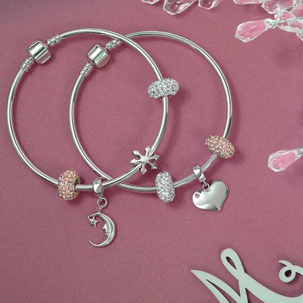 Personalized Initial Simple European Charm Bangle Bracelet for Women Teens .925 Sterling Silver Round Barrel Clasp Customizable