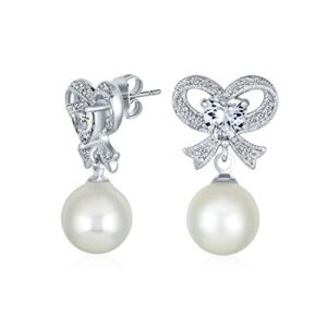 Victorian Style Cocktail Delicate Romantic Wedding Bridal Ribbon Cubic Zirconia White Simulated Pearl CZ Pave Bow Stud Drop Earrings For Women Silver Plated