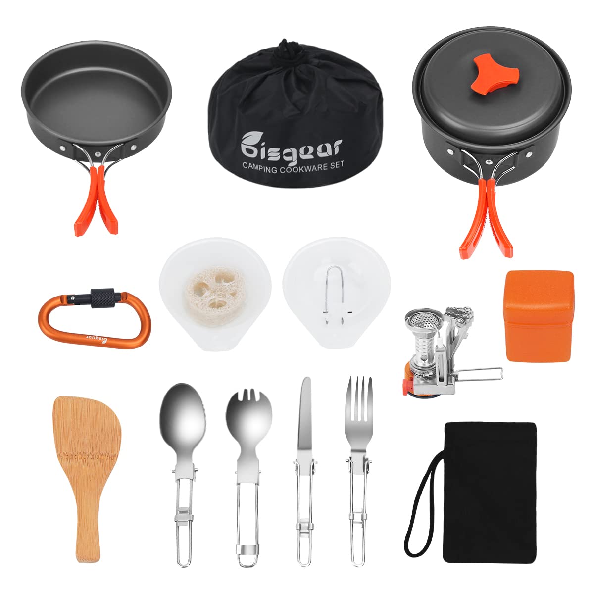 Bisgear 16pcs Camping Cookware Backpacking Stove Mess Kit – Camping Cooking Set - Camping Pots and Pans Set - Camping Accessories Equipment - Backpacking Supplies Survival Gear