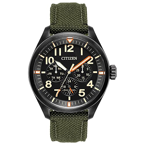 Citizen Men's Eco-Drive Weekender Garrison Field Watch, in Stainless Steel with Olive Green Nylon Strap, Black Dial (Model: BU2055-16E)