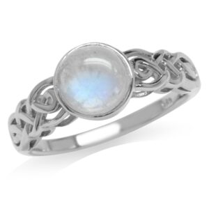 Silvershake 7mm Natural Round Shape Moonstone White Gold Plated 925 Sterling Silver Celtic Knot Solitaire Ring Size 9