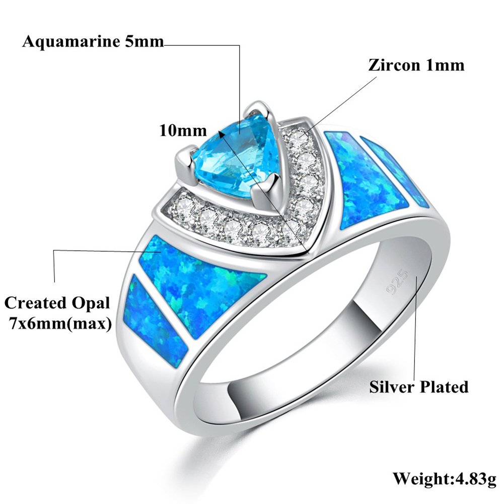 CiNily Blue Fire Opal Aquamarine Silver Filled Zircon Women Jewelry Gemstone Ring Size 5-12 (12)