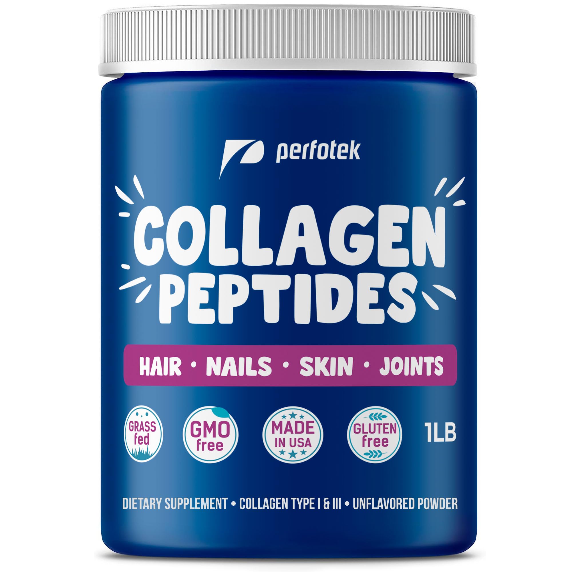 Collagen Powder for Women Men Types I & III Unflavored Easy to Mix Hydrolyzed Protein Peptides (1Lb) Non-GMO Grass-Fed Gluten-Free Kosher Pareve Healthy Hair Skin Joints and Nails