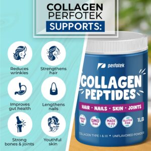 Collagen Powder for Women Men Types I & III Unflavored Easy to Mix Hydrolyzed Protein Peptides (1Lb) Non-GMO Grass-Fed Gluten-Free Kosher Pareve Healthy Hair Skin Joints and Nails