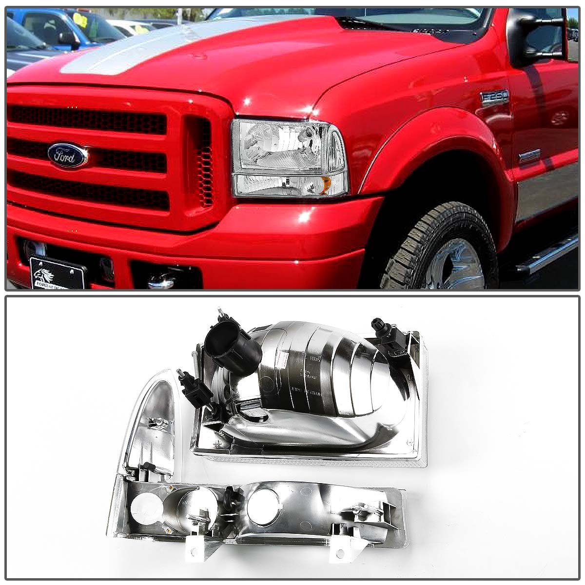 DNA MOTORING HL-OH-F99SD4P-CH-AM Chrome Amber Headlights Replacement Compatible with 99-04 F-250 / F-350 / F-450 / F-550