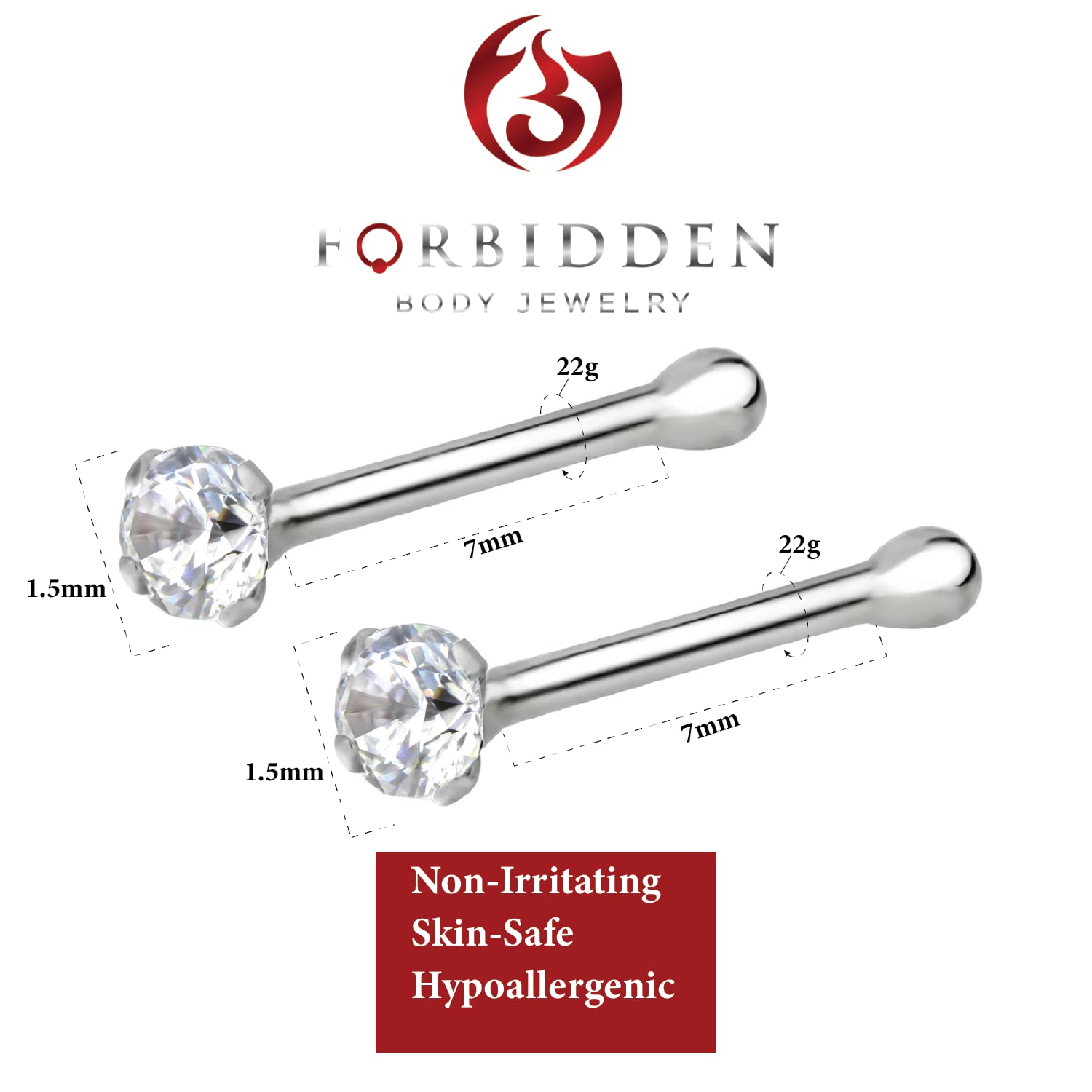 Forbidden Body Jewelry 22G Nose Rings Studs w/ 1.5mm Crystal - 2 Pcs 7mm Sterling Silver Nose Piercing Jewelry Set, l Shaped Nose Rings Women & Men - CZ Simulated Diamond, Small Nose Studs Women