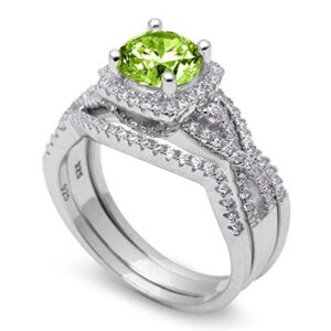 Blue Apple Co. Simulated Green Peridot Size-7 Halo Three Piece Trio Set Wedding Ring Infinity Round Cubic Zirconia 925 Sterling Silver