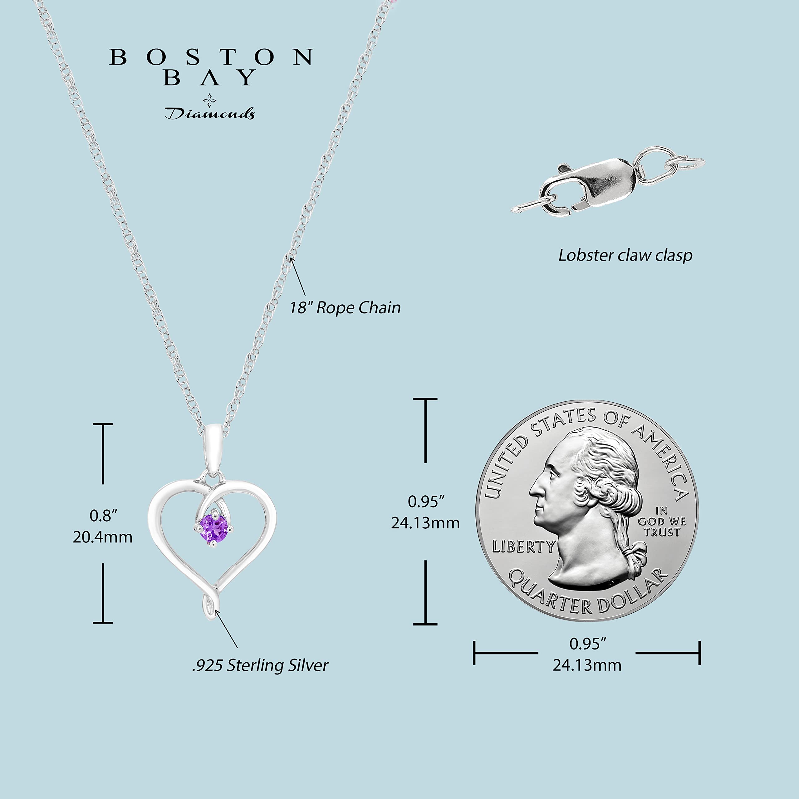 .925 Sterling Silver Natural Purple Amethyst February Birthstone Heart Pendant Necklace with 18" Chain