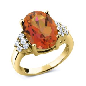 Gem Stone King 18K Yellow Gold Plated Silver Twilight Orange Mystic Quartz and White Created Sapphire Ring For Women (4.40 Cttw, Gemstone Birthstone, Available In Size 5, 6, 7, 8, 9)