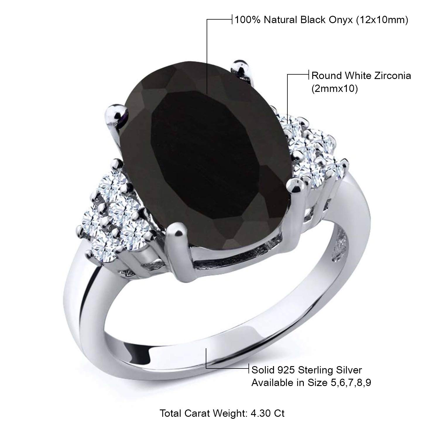 Gem Stone King 925 Sterling Silver Black Onyx Engagement Ring For Women (4.30 Cttw, Gemstone Birthstone, Available In Size 5, 6, 7, 8, 9)