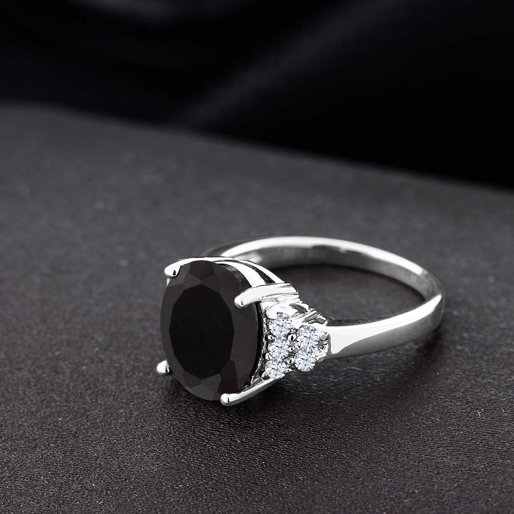 Gem Stone King 925 Sterling Silver Black Onyx Engagement Ring For Women (4.30 Cttw, Gemstone Birthstone, Available In Size 5, 6, 7, 8, 9)