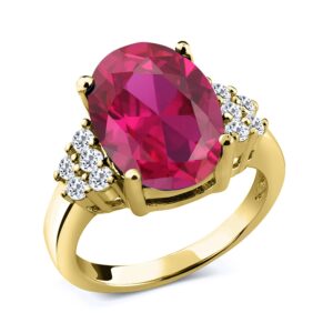 gem stone king 18k yellow gold plated silver red created ruby and white topaz women ring (5.40 ct oval 12x10mm, available 5,6,7,8,9) (size 6)