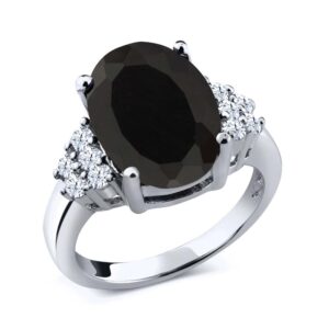 Gem Stone King 925 Sterling Silver Black Onyx and White Topaz Women Engagement Ring (4.40 Cttw 12X10MM Oval Center) (Size 6)